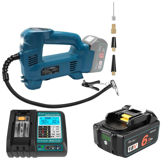 Waitley マキタ 18V 電動空気入れ バッテリー6.0Ah＋充電器セット コードレス エアコンプレッサー 自動停止 デジタル表示 最大1034kPa 車 バイク 自転車 ボール対応