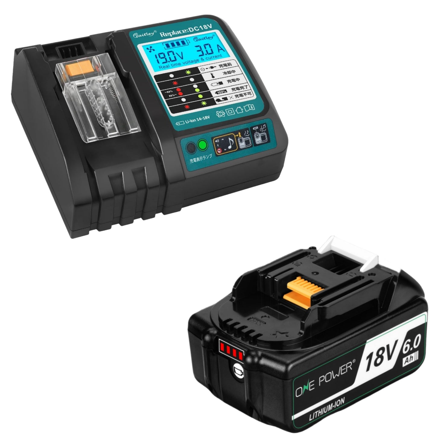 マキタ 18V バッテリー 充電器セット 6.0Ah BL1860B 互換 Waitley マキタバッテリー 18ボルト 充電器 防火材料シェルと長寿命電池セル採用 DC18RC DC18RF DC18RDなど互換 製造物責任保険付 PSE認証済品 (18V/6.0Ah 2個 + 充電器 セット)