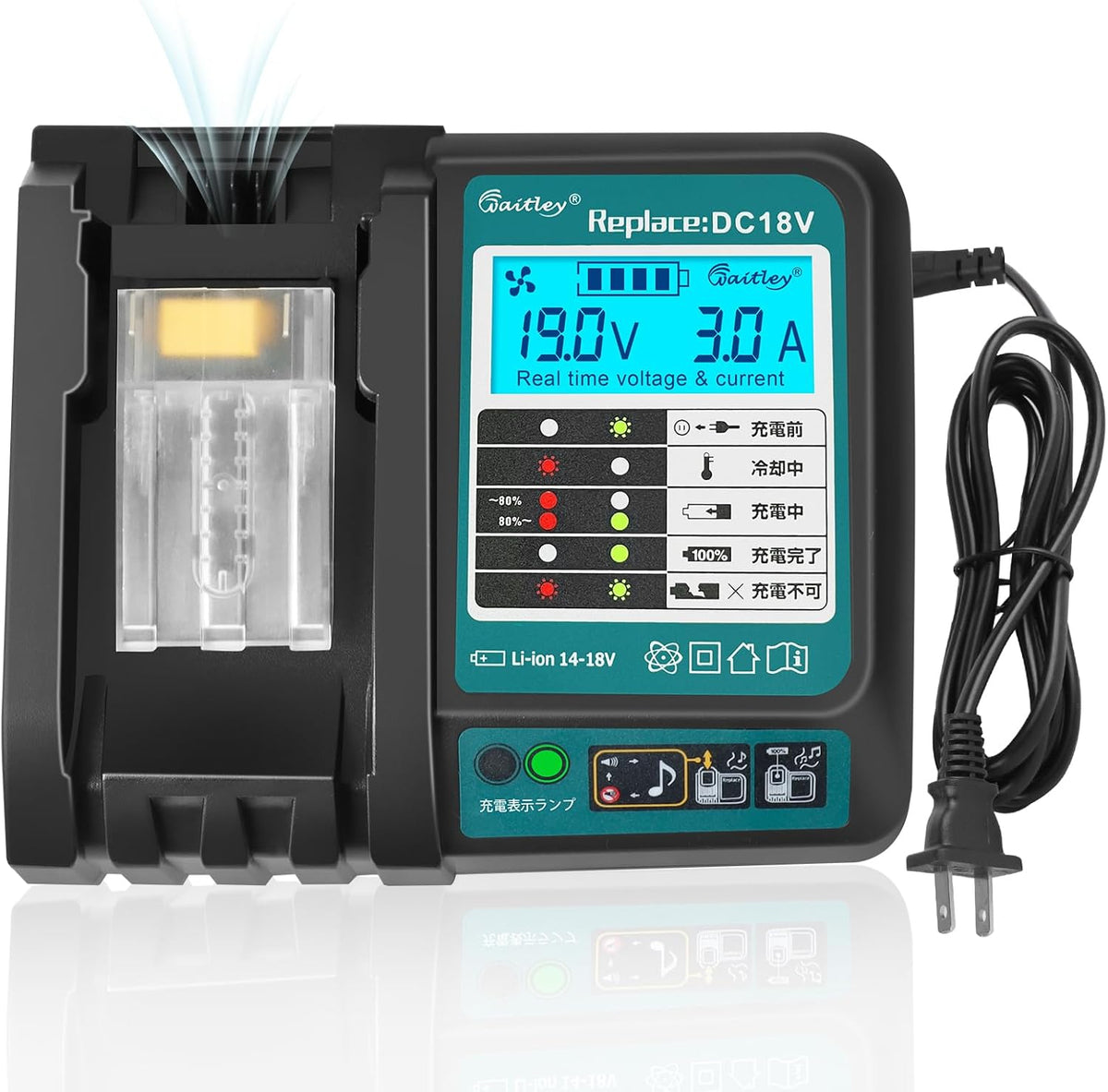 Waitley マキタ 18V 充電器 互換 ファン付き 液晶パネル付き DC18RC DC18RF 14.4V/18V バッテリー用 BL1460 BL1430 BL1860 BL1850充電可能 充電完了メロディ付