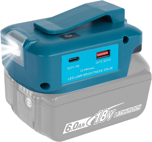 Waitley マキタ 18V バッテリー 用USBアダプター 5V/12Ｖ出力 高輝度LEDライト付き USB急速充電対応 出力22.5ｗ MAX応急照明 Adp05 (アダプターのみ)