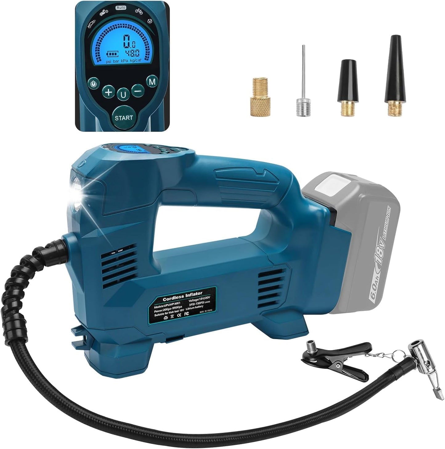 Waitley 電動空気入れ マキタ 18V 充電式空気入れ コードレス エアコンプレッサー LED照明ライト付 LCDデジタル表示 自動車 自転車 バイク ボール (本体のみ）