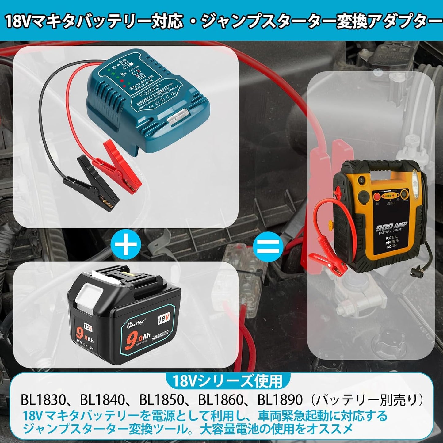 Waitley 緊急用ジャンプスターター マキタ 18V バッテリーに対応 12V車用【車両電池接続検知後給電】ジャンプケーブル 車用エンジンスターター ジャンプスタート