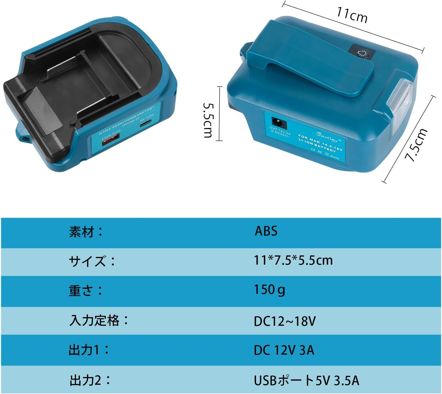 Waitley マキタ 18V バッテリー 用USBアダプター 5V/12Ｖ出力 高輝度LEDライト付き USB急速充電対応 出力22.5ｗ MAX応急照明 Adp05 (アダプターのみ)