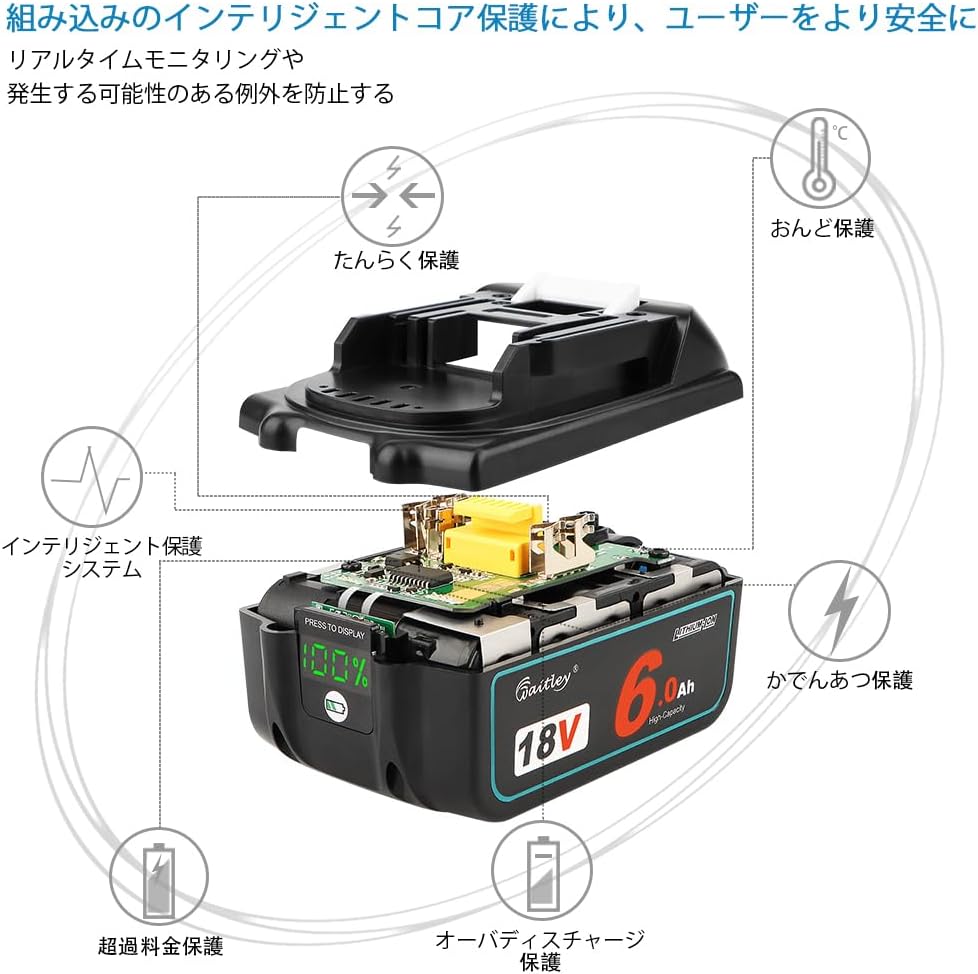 Waitley ウィトレ Makita マキタ 18V バッテリー 充電器セット マキタバッテリー 18V 互換 BL1860B 6.0Ah DC18RF デジタル残量指示付 一年保証付き PSE認証済品