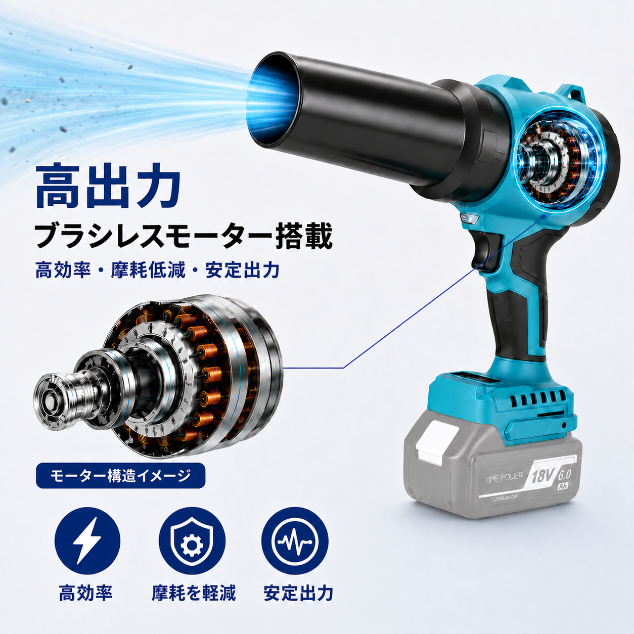 ブロワー コードレス 充電式 吹き飛ばし・吸引2WAY ブロワー集塵機 マキタ18Vバッテリー対応 ブラシレスモーター 3段階風量調整 BL1830互換3.0Ahバッテリー2個・急速充電器付き 洗車 落ち葉 車内清掃 DIY