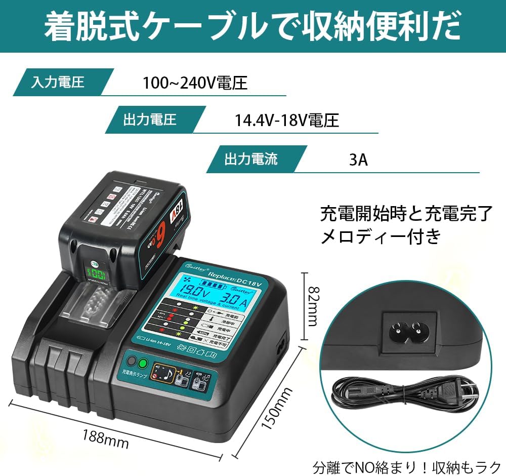 Waitley マキタ 18V 充電器 互換 ファン付き 液晶パネル付き DC18RC DC18RF 14.4V/18V バッテリー用 BL1460 BL1430 BL1860 BL1850充電可能 充電完了メロディ付
