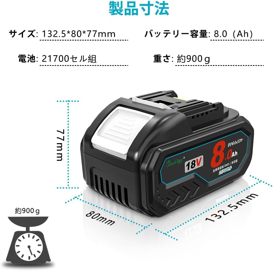 Waitley マキタ 18V バッテリー Makita 互換 実容量8.0Ah カットオフ保護機能付 サムスン製21700セル採用 ％残量インジケーター搭載 PSE認証済み 一年保証付き