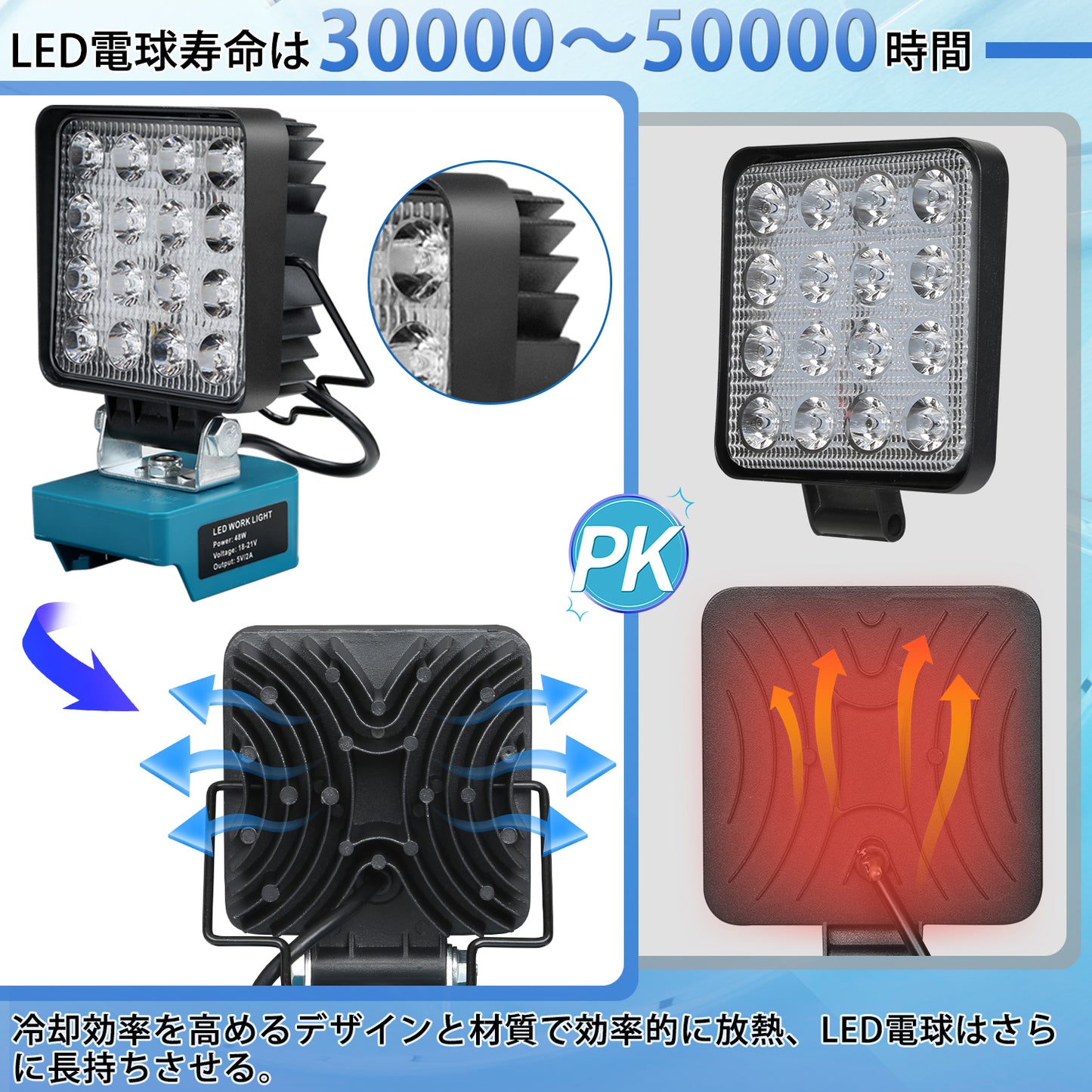 マキタ 18V ライト 充電式ワークライト LED フラッドライト コードレス作業灯 投光器 48W 3LM IP65防水 手提げ付 USB Type-C充電 一年保証(バッテリー別売り)