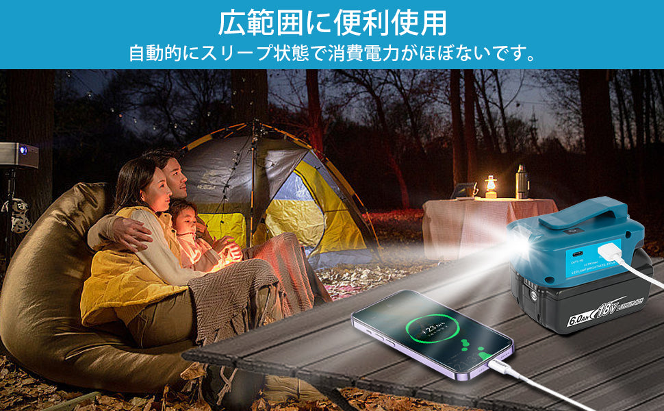 Waitley マキタ 18V バッテリー 用USBアダプター 5V/12Ｖ出力 高輝度LEDライト付き USB急速充電対応 出力22.5ｗ MAX応急照明 Adp05 (アダプターのみ)