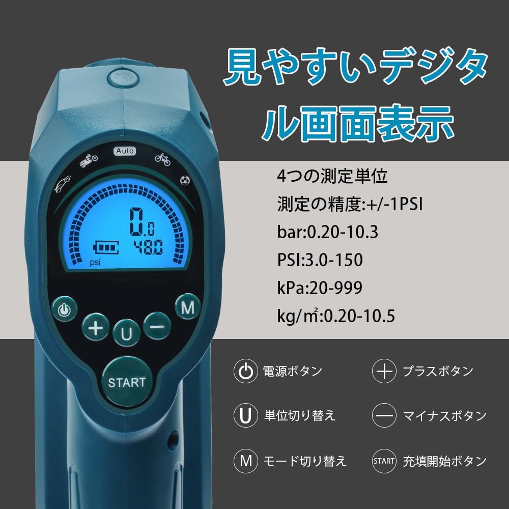Waitley 電動空気入れ マキタ 18V 充電式空気入れ コードレス エアコンプレッサー LED照明ライト付 LCDデジタル表示 自動車 自転車 バイク ボール (本体のみ）