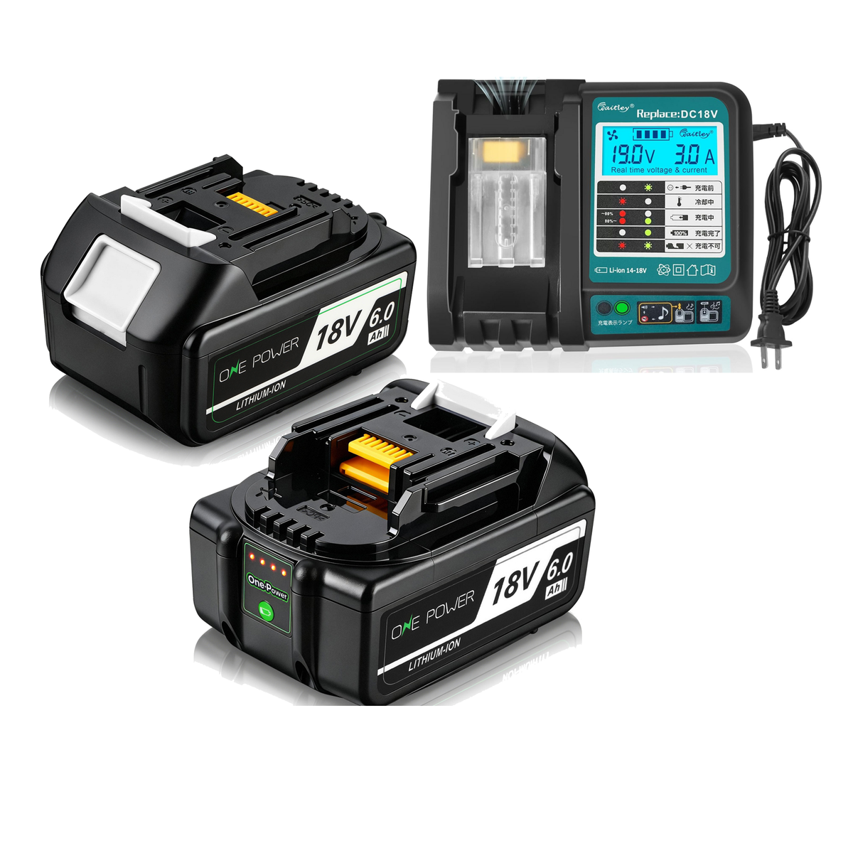 マキタ 18V バッテリー 充電器セット 6.0Ah BL1860B 互換 Waitley マキタバッテリー 18ボルト 充電器 防火材料シェルと長寿命電池セル採用 DC18RC DC18RF DC18RDなど互換 製造物責任保険付 PSE認証済品 (18V/6.0Ah 2個 + 充電器 セット)