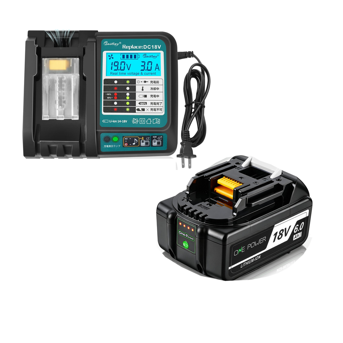 マキタ 18V バッテリー 充電器セット 6.0Ah BL1860B 互換 Waitley マキタバッテリー 18ボルト 充電器 防火材料シェルと長寿命電池セル採用 DC18RC DC18RF DC18RDなど互換 製造物責任保険付 PSE認証済品 (18V/6.0Ah 1個 + 充電器 セット)